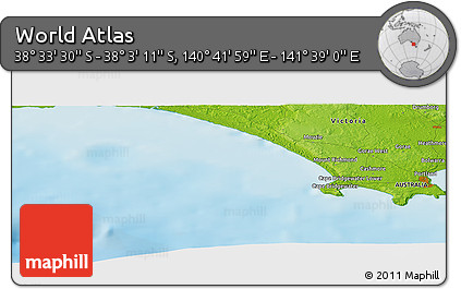 Physical Panoramic Map of the Area around 38° 18' 21" S, 141° 10' 30" E