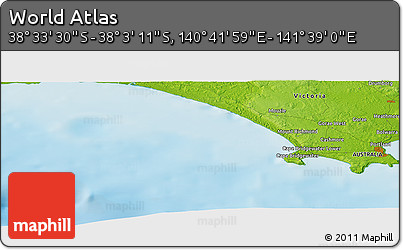 Physical Panoramic Map of the Area around 38° 18' 21" S, 141° 10' 30" E