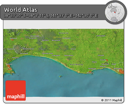 Satellite 3D Map of the Area around 38° 18' 21" S, 142° 1' 30" E