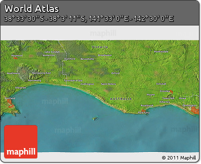 Satellite 3D Map of the Area around 38° 18' 21" S, 142° 1' 30" E