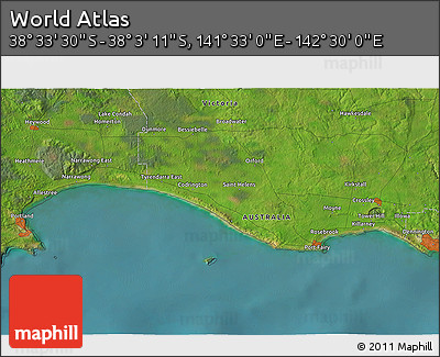 Satellite 3D Map of the Area around 38° 18' 21" S, 142° 1' 30" E