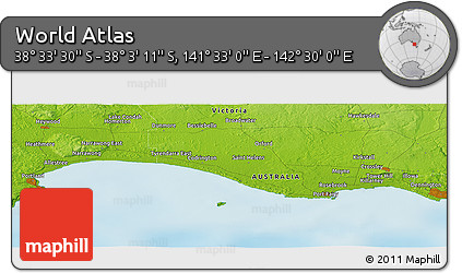 Physical Panoramic Map of the Area around 38° 18' 21" S, 142° 1' 30" E