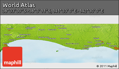 Physical Panoramic Map of the Area around 38° 18' 21" S, 142° 1' 30" E