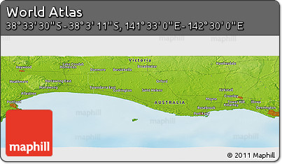 Physical Panoramic Map of the Area around 38° 18' 21" S, 142° 1' 30" E