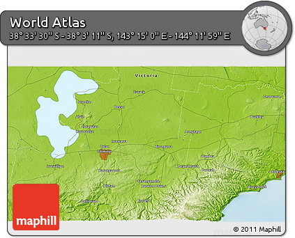 Physical 3D Map of the Area around 38° 18' 21" S, 143° 43' 29" E