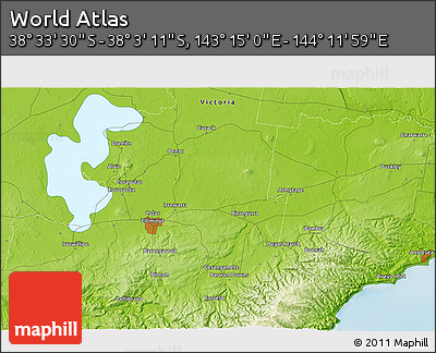 Physical 3D Map of the Area around 38° 18' 21" S, 143° 43' 29" E