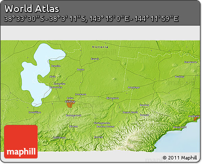 Physical 3D Map of the Area around 38° 18' 21" S, 143° 43' 29" E
