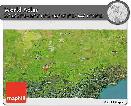 Satellite 3D Map of the Area around 38° 18' 21" S, 143° 43' 29" E