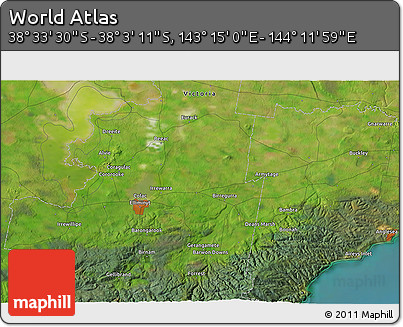 Satellite 3D Map of the Area around 38° 18' 21" S, 143° 43' 29" E