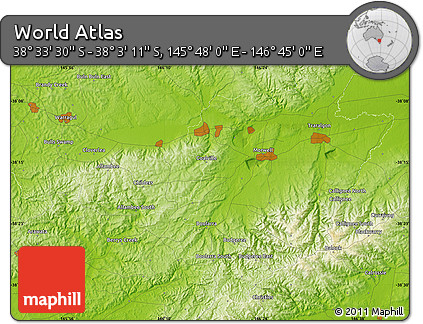 Physical Map of the Area around 38° 18' 21" S, 146° 16' 30" E