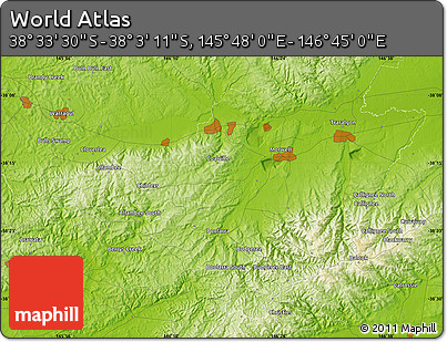 Physical Map of the Area around 38° 18' 21" S, 146° 16' 30" E