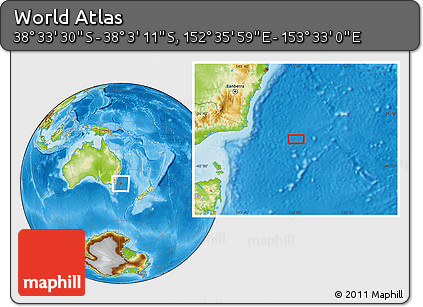 Physical Location Map of the Area around 38° 18' 21" S, 153° 4' 29" E
