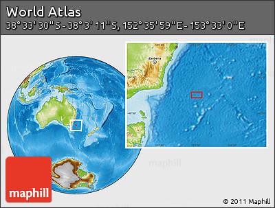 Physical Location Map of the Area around 38° 18' 21" S, 153° 4' 29" E