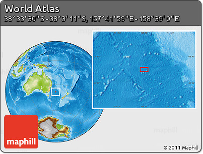 Physical Location Map of the Area around 38° 18' 21" S, 158° 10' 30" E