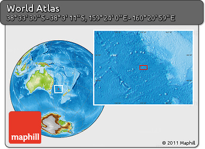 Physical Location Map of the Area around 38° 18' 21" S, 159° 52' 30" E