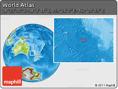 Physical Location Map of the Area around 38° 18' 21" S, 159° 52' 30" E
