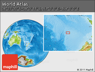Physical Location Map of the Area around 38° 18' 21" S, 167° 31' 30" E