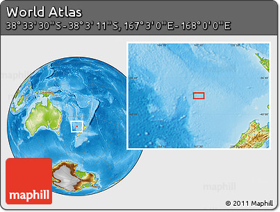Physical Location Map of the Area around 38° 18' 21" S, 167° 31' 30" E