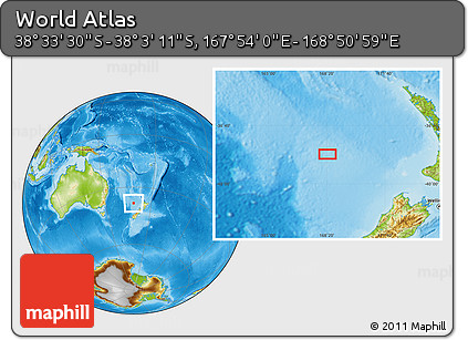 Physical Location Map of the Area around 38° 18' 21" S, 168° 22' 30" E