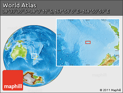 Physical Location Map of the Area around 38° 18' 21" S, 168° 22' 30" E