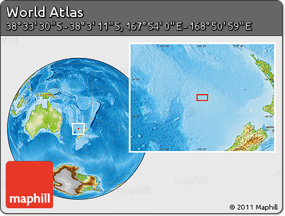 Physical Location Map of the Area around 38° 18' 21" S, 168° 22' 30" E