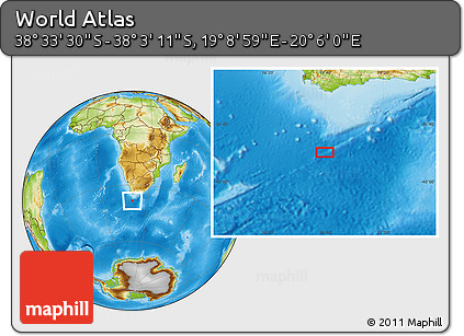 Physical Location Map of the Area around 38° 18' 21" S, 19° 37' 30" E