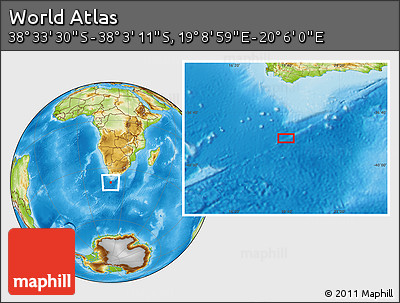 Physical Location Map of the Area around 38° 18' 21" S, 19° 37' 30" E