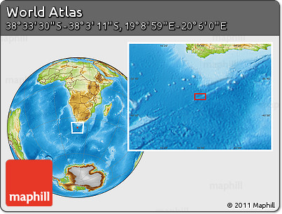 Physical Location Map of the Area around 38° 18' 21" S, 19° 37' 30" E