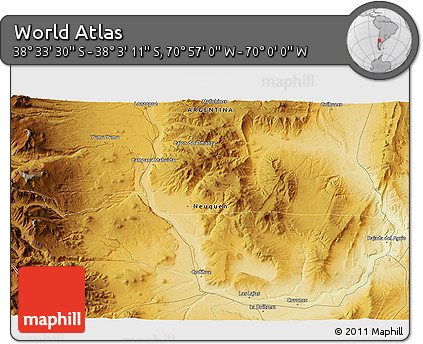 Physical 3D Map of the Area around 38° 18' 21" S, 70° 28' 29" W