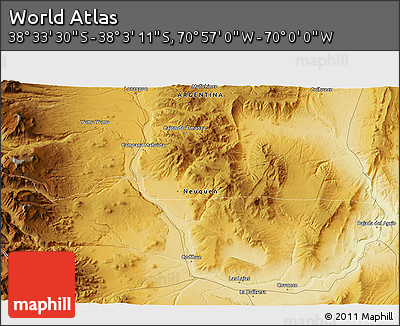 Physical 3D Map of the Area around 38° 18' 21" S, 70° 28' 29" W