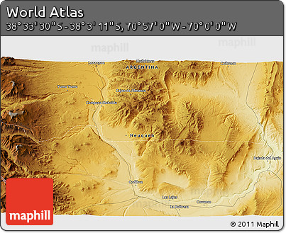 Physical 3D Map of the Area around 38° 18' 21" S, 70° 28' 29" W