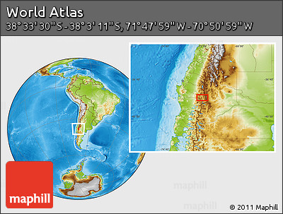 Physical Location Map of the Area around 38° 18' 21" S, 71° 19' 29" W