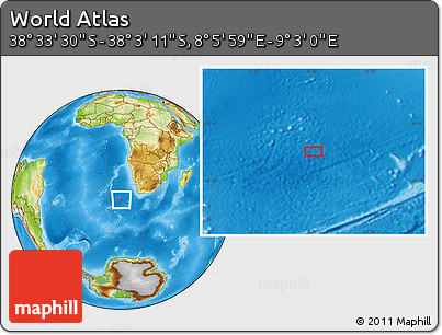 Physical Location Map of the Area around 38° 18' 21" S, 8° 34' 29" E