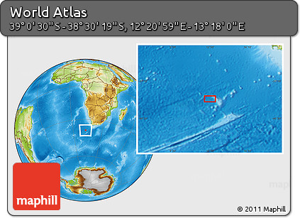 Physical Location Map of the Area around 38° 45' 25" S, 12° 49' 29" E