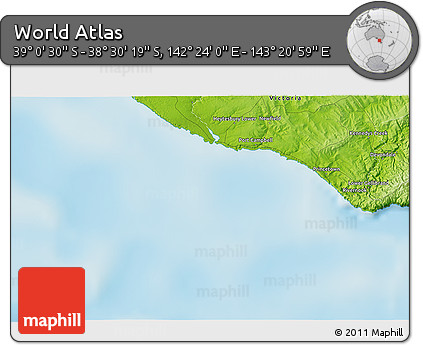 Physical 3D Map of the Area around 38° 45' 25" S, 142° 52' 30" E