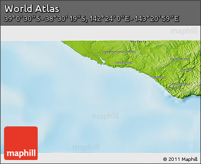 Physical 3D Map of the Area around 38° 45' 25" S, 142° 52' 30" E