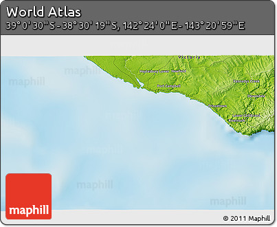 Physical 3D Map of the Area around 38° 45' 25" S, 142° 52' 30" E