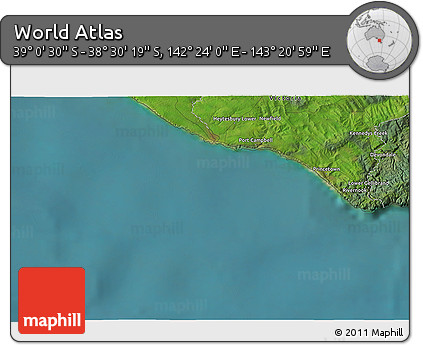 Satellite 3D Map of the Area around 38° 45' 25" S, 142° 52' 30" E
