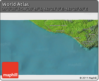 Satellite 3D Map of the Area around 38° 45' 25" S, 142° 52' 30" E