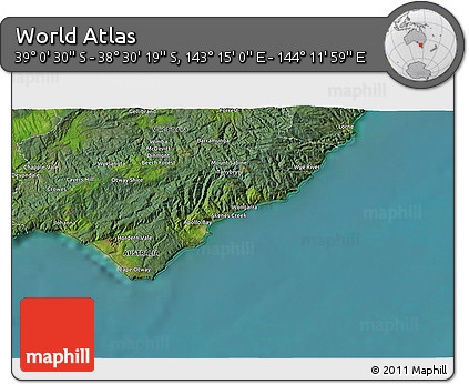 Satellite 3D Map of the Area around 38° 45' 25" S, 143° 43' 29" E