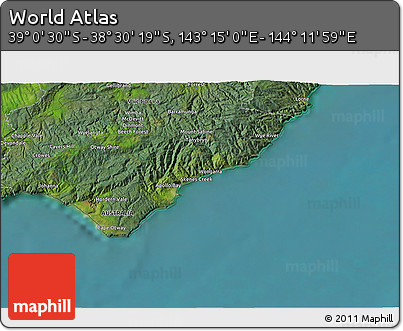 Satellite 3D Map of the Area around 38° 45' 25" S, 143° 43' 29" E