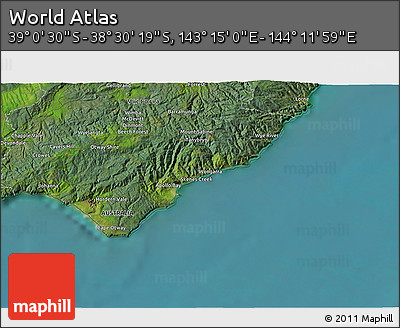 Satellite 3D Map of the Area around 38° 45' 25" S, 143° 43' 29" E