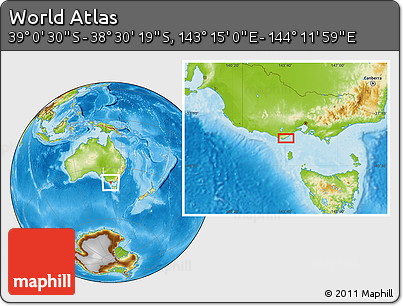 Physical Location Map of the Area around 38° 45' 25" S, 143° 43' 29" E