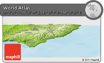 Physical Panoramic Map of the Area around 38° 45' 25" S, 143° 43' 29" E