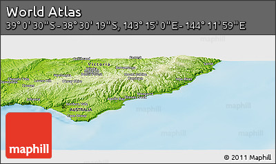 Physical Panoramic Map of the Area around 38° 45' 25" S, 143° 43' 29" E