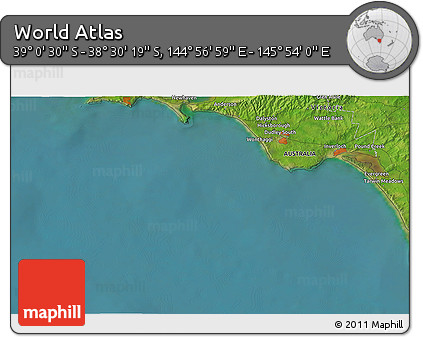 Satellite 3D Map of the Area around 38° 45' 25" S, 145° 25' 30" E