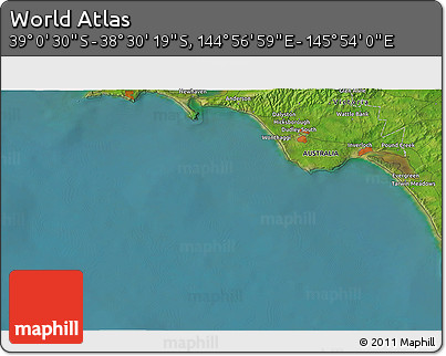 Satellite 3D Map of the Area around 38° 45' 25" S, 145° 25' 30" E