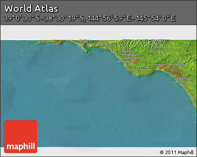 Satellite 3D Map of the Area around 38° 45' 25" S, 145° 25' 30" E