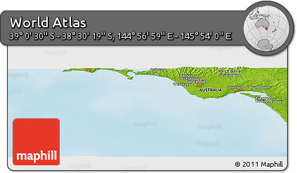 Physical Panoramic Map of the Area around 38° 45' 25" S, 145° 25' 30" E