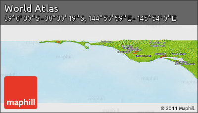 Physical Panoramic Map of the Area around 38° 45' 25" S, 145° 25' 30" E